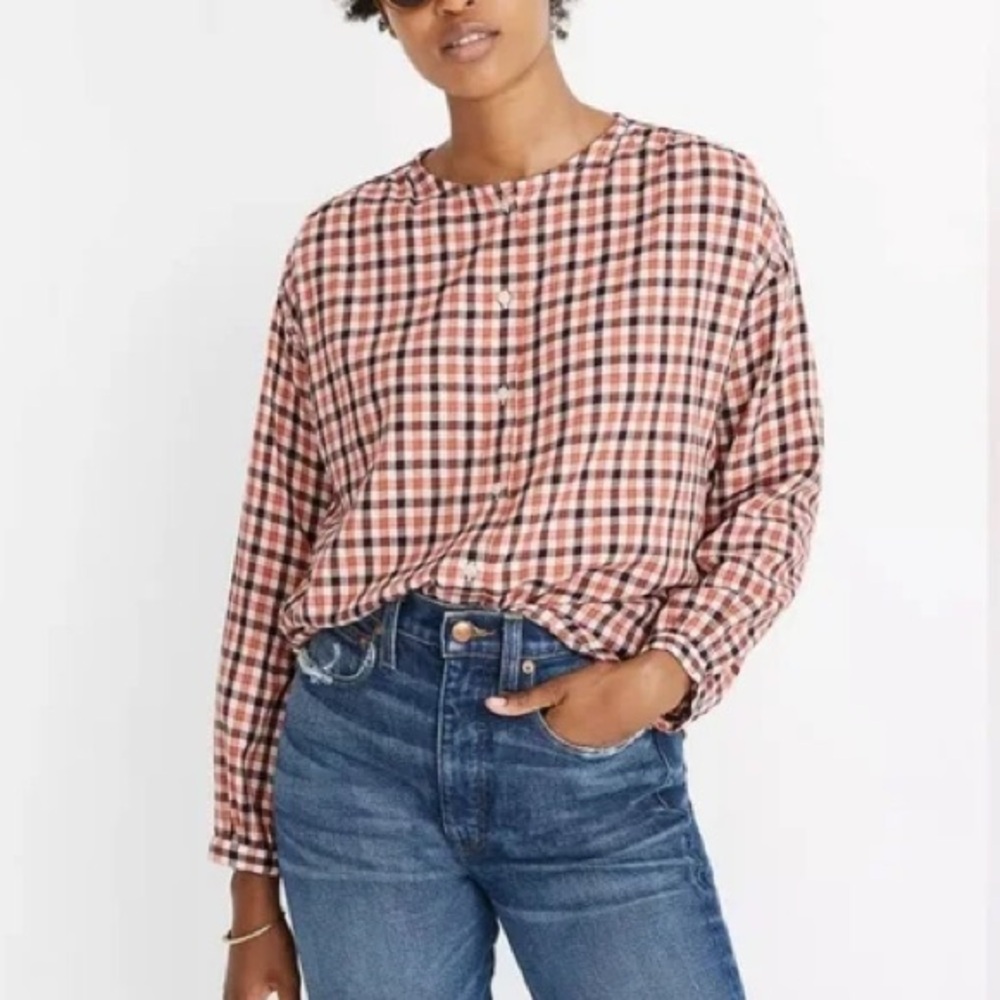 Madewell Meadow Orange Plaid 100% Cotton Long Sleeve Blouse Sz. L NWT!